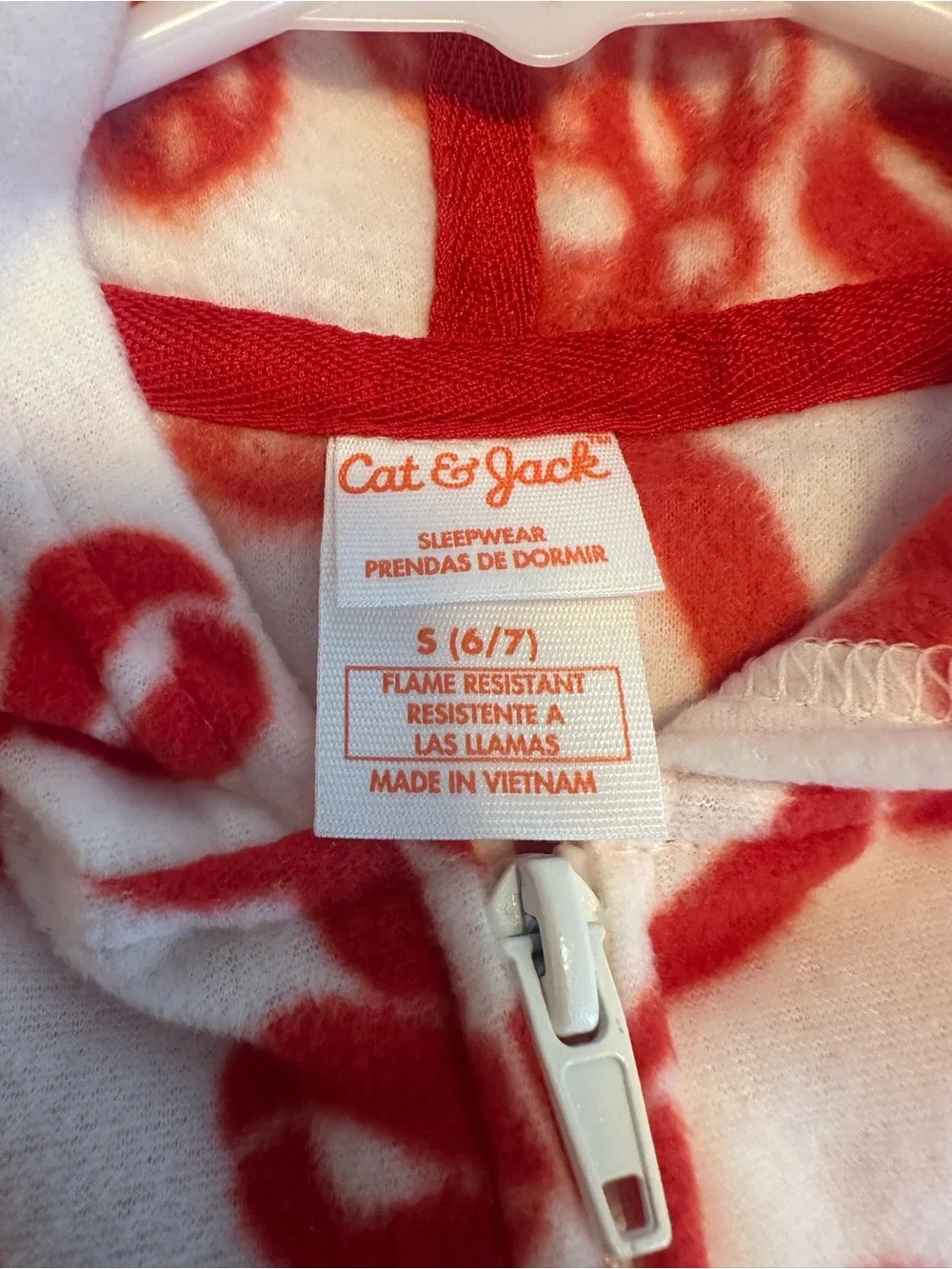 Cat & Jack White and Red Candy Cane Print Hooded One-Piece Pajamas size 6/7 NWT
